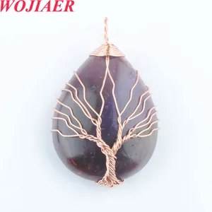 Nya kvinnor Natural Stone Waterdrop Pendant f￶r halsband mode wrap wire Tree of Life Purple Crystal Opal Charm Female Jewelry Bo901