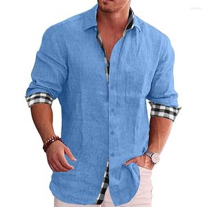 Herrpolos Autumn Men skjortor Vintage Stitching Plaid Printing Lång ärmskjorta för herr Fall Casual Turn-down Cong-Down Cardigans