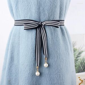 Belts Sweet Pearl Thin Belt For Women Dress Skirt Korean Fashion Striped Knitted Waist Rope Straps Chain Female