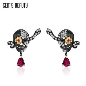 Charm Gems Beauty Halloween Skull Ear Studs Earrings 100% Real 925 Sterling Silver Lab Ruby Minority Design original Jóias finas 220826