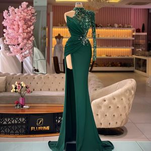 Dark Green Beaded Prom Dresses High Neck Side Split Mermaid Beading Sequined Women Gowns Satin Formal Evening Dress