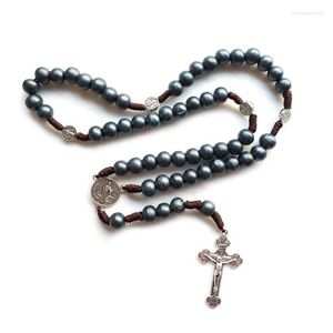 Collane con ciondolo QIGO Collana con fili di perline di legno grigio Cattolico Gesù Croce Rosari Gioielli religiosi