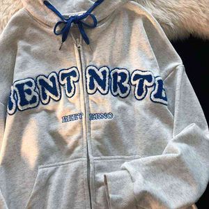 Kvinnors hoodies tröjor kawaii high street stil brev broderi cardigan tröja kvinnor höst koreansk retro lös casual all-match hoodies kvinnor t220826