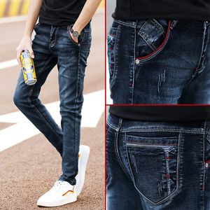 Calças de moda de jeans masculinas esticam azul escuro magro para homens casuais fit jeans de jeans coreano calças masculinas 220827