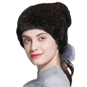 Winter Fur Hat Women 100% Mink Fur Cap Ear Warm Silver Fox Pompom High Elastic