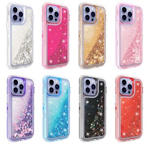 3in1 Glitter Liquid Bling Quicksand Cases Floating Sparkling Heavy Duty Anti Drop stuffskydd f￶r iPhone 14 13 12 11 Pro XR XS Max X 8 Samsung S20 S21 S22 Ultra