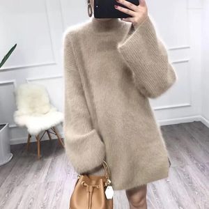 Kvinnors tröjor Elegant Fashion Women Medium Long Fluffy Plush Mink Cashmere Loose Turtleneck Angora Sleeve Sticked Pullover tröja