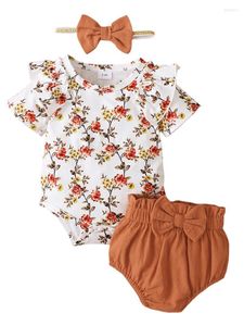 Комплект одежды для девочек летний наряд с коротким рукавом o шее цветочные комбинезоны коричневый PP Шорты повязки