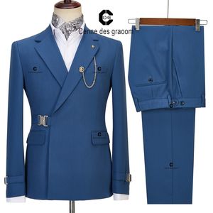 Mens Suits Blazers Cenne Des Graoom Erkekler Mavi Ceket Pantolonları 2 Parça Set Metal Yan Salın