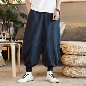 2557 Zwart Blue Mens Pants Plus Size Cotton Linen Harem Elastic Taille Vintage
