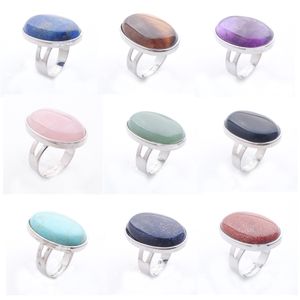 Party Resizable Rings With Side Stones Natural Gemstone Oval Finger Adjustable Ring Fashion Jewelry Stone Oval Tigers Eye Rose Quartz BX308