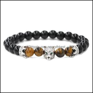 Beaded Strands Crown Gems M￤n och kvinnor Armband Wolf Head Natural Stone Rostfritt st￥l Temperament Fathers Day Gift 12st Drop Del Dhsde