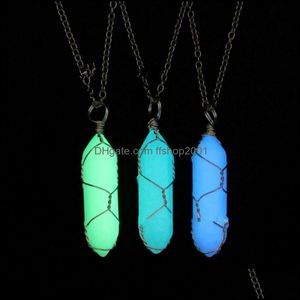 Pendant Necklaces Copper Wire Wrapped Hexagon Pendum Luminous Stone Fluorescent Healing Crystal Jewelry Fashion Gold Sier Plated Drop Dhufg