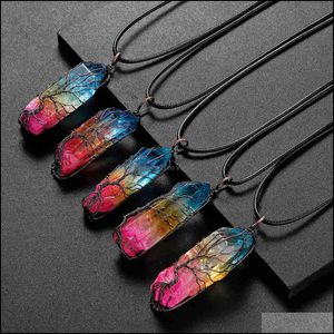 Pendanthalsband Tree of Life Titanium Coated Rainbow Rock Quartz Chakra Crystal Necklace Copper Wire Wrapped Irregar Rough Healing Dhzqk