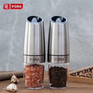 Mills Set di macinapepe elettrico in acciaio inox per sale e pepe con supporto in metallo Utensili da cucina Gravity Automatic Spice Mill 220827