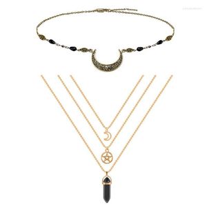 Pendant Necklaces Gothic Head Chain Necklace Set Hollow Moon Pattern Accessories Natural Crystal Hexagonal Column For Woman Gift Party Use