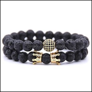 Beaded Strands Par Black Matte Agate Lava Beads Crown Zircon Skeleton 8 mm p￤rlstav armband 2 stycken Drop Leverans 2021 smycken Bra dhkmo