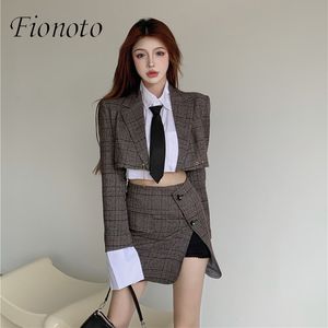Vestido de duas pe￧as xadrez curto Blazers femininos de moda com cintura alta fenda lateral mini saia tweed sexy office 2 pe￧a elegante conjuntos 220827
