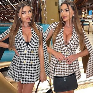 Frauen Anzüge 2022 Dünner Blazer Kleid Cape Kragen Langarm V-ausschnitt Ärmel Taste Plaid Military Stil Büro Tragen Vestidos