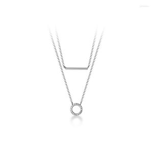 Chains 100% Authentic 925 Sterling Silver Double Rows Multilayered Choker Necklace Geometric Strip Bar &Lucky Circle Pendant C-D7771