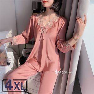 Women's Sleep Lounge 3XL 4XL Satin Pajamas for Spring Longsleeved Sleepwear for Women Korean Sexy Lace Loose oversized Home Clothes Summer Suit 220827