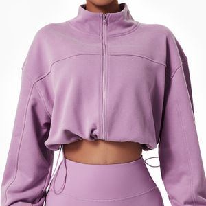 Yoga Outfits zipper sweatshirt Top Fitness Workout clothes Cotton Polyester Moisture Wicking Breathable Loose Stand Collar Sport cycling Joggers for Women Solid