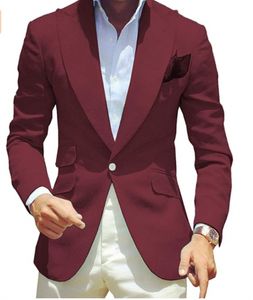Burgundy Groom Tuxedos Men Wedding Dress Peak Lapel Men Blazer Prom Dinner/Darty Suit