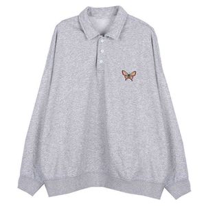 Women's Hoodies Sweatshirts America Vintage Gray Cotton Embroid Butterfly Sweatshirts Women Oversized POLO Collar Pullovers 2020Autumn New Casual Loose Tops