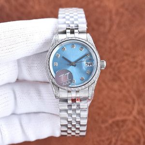 Klasyczny damski zegarek lodowy niebieski tarcza 31 mm Sapphire Crystal Glass Małe okno wypukły soczewki Łatwy do odczytania kalendarz 904L Stal nierdzewna automatyczna zegarek mechaniczny