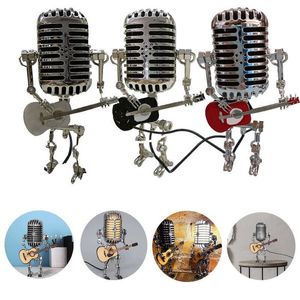 Decorative Objects Figurines Vintage Microphone Robot Lamp Play Guitar Desk LED Lights Miniatures Crafts Lighting Office Home Decoration 220827