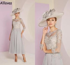 A Line Chiffon Elegant Dresses with 3/4 Long Sleeves Lace Appliqued Women Wedding Guest Party Gowns Tea Length Plus Size Mother of the Bride Dress CL0998 ppliqued