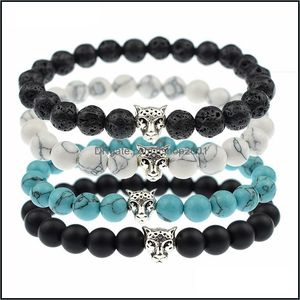 Braccialetti con ciondoli Bracciale con ciondoli testa di leopardo vintage Pietra lavica Nero opaco Perline Buddha Donna Uomo Bracciale Drop Delivery 2021 Gioielli Dh Dhmrt