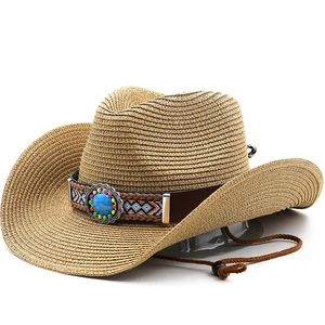 New Women Men Western Cowboy Hat Paper Straw Jazz Fedora Hat Wide Brim Sun Protection Beach Cap National Style Classic Top Hat