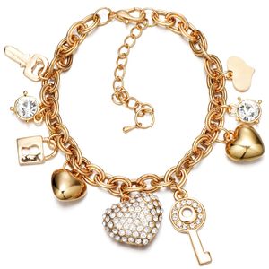Charm Bracelets Goldkette Link Bracelet 7ADD 2EXEXTENDER 14K Plattierte Liebe für Frauen und Mädchen mit Crystal Heart Key Lock Amgqz verschlossen