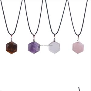 Pendant Necklaces Natural Six-Pointed Star Gemstone Necklace Energy Healing Hexagram Point Disc Jewelry Men With 45Cm Black Rope Leat Dhkyo