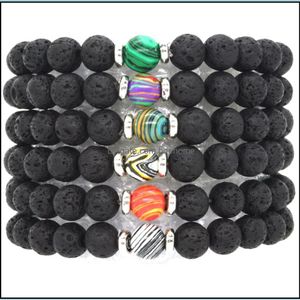 Charm Bracelets 10 Cores Natural Black Lava Stone Beads Pulseira Elástica Difusor de Óleo Essencial Pedra Vulcânica Cordas de Mão Frisadas Dr Dhwqv