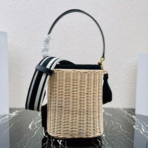 Top quality white Bucket bags canvas Vegetable basket straw Tote bags new summer vacation beach woven Wicker bag women's shoulder black fashion handbags
