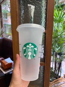 Starbucks Mug 24oz 710ml Plastic Tumbler Reusable Black Drinking Flat Bottom Cup Pillar Shape Lid Straw 100PCS shipped by DHL