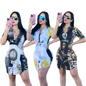 Vestido de camisa impressa colorido digital de verão para mulheres de manga curta Bloups de peito simples mini vestidos j2638