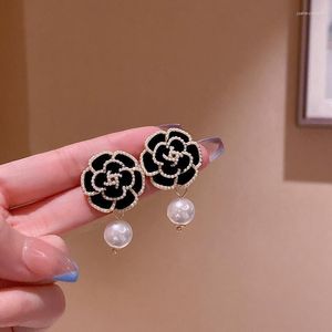 Baumeln Ohrringe 2022 Ankunft Trendy Schwarz Kamelie Imitation Perle Für Frauen Mode Nette Süße Kristall Schmuck Geschenke