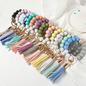 14 Colors Keychain Wooden Tassel Bead String Bracelet Key chain Food Grade Silicone Beads Bracelets Women Girl KeyRing Wrist Strap Car Keyring