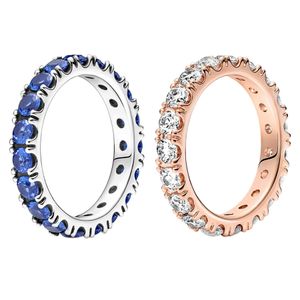 925 Sterling Silber Blue Stone Row Ewigkeitsringe für Damen, Hochzeit, Designer-Schmuck, Originalverpackung für Pandora Roségold-Ring-Set, Verlobungsgeschenk