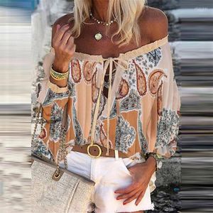 Camicette da donna Camicetta con maniche svasate con stampa floreale vintage Camicetta con lacci sexy Nappa con spalle scoperte Pullover da donna Top Estate Casual Chic Blusa