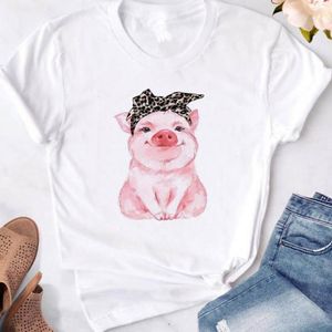 夏の女性Tee半袖OネックベーシックホワイトTシャツプラスサイズかわいい豚の漫画