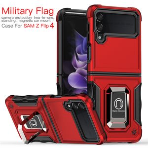 Socktäta telefonfodral för Samsung Z Flip 3 4 med metall Kickstand Militärkvalitet SPFT TPU Hard PC Inbyggd skärmskydd Stöttabsorption Stötfångare Designskydd