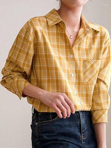 Women's Blouses 2022 Vintage Shirts Korean Fashion Elegant Office Lady Checkered Women Spring Summer Matcha Color Tops