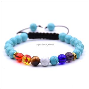 Beaded Strands Factory Sale Handmade Lucky Turquoise Woven 7 Chakra Adjustable Natural Stone Bracelet With 8Mm Round Beads For Unise Dhgio