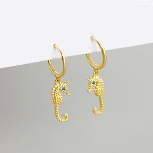 Hoop Earrings 100% 925 Silver Gold Color Animal Sea Horse Blue Zirconia Eye Earring For Women Pendientes Ear Piercing Lady Oorbellen 2022