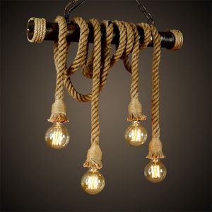 Party Decoration Vintage Industrial Decor Pendant Double Head wood lamp E27 Edison Rope Restaurant Themed Decor Hemp Rope Coffee Bar 220826