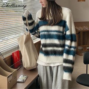 Women's Sweaters Shellsuning Winter Lazy Oaf Stripe Soft Warm Knitted Sweater Women Harajku Loose Pullover Female Vintage Thick basic Jumpers 220827